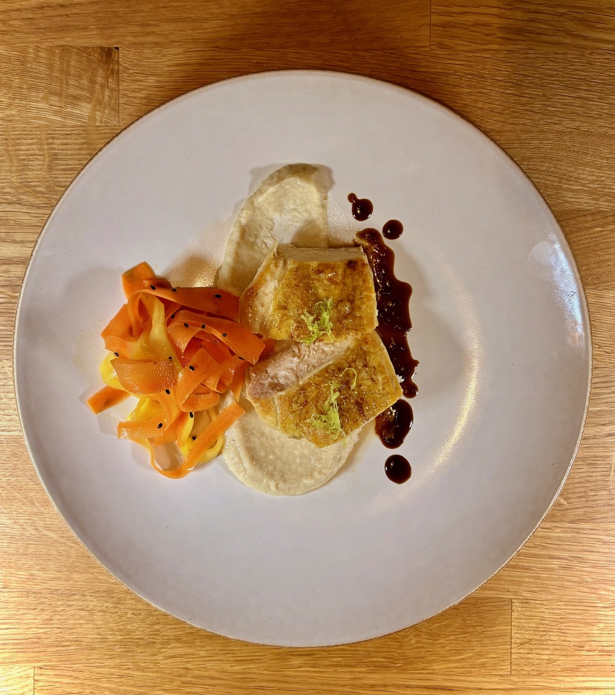  Corn-Fed Chicken, Celery–Miso Velouté, Carrot–Mango Salad & Urakasumi Zen