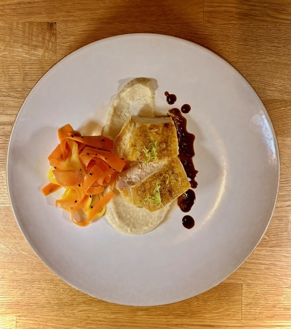  Corn-Fed Chicken, Celery–Miso Velouté, Carrot–Mango Salad & Urakasumi Zen