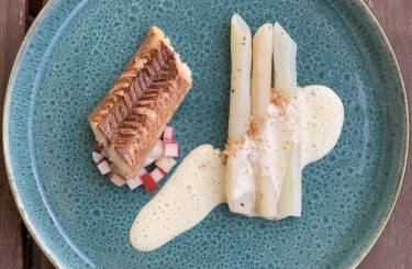 Seared Smoked Eel - Seared Smoked Eel, Sautéed Black Salsify, Nashi Pear & Rhubarb Salad, Brown Butter-Miso Foam (Chef / Restaurant: Stefanie La)