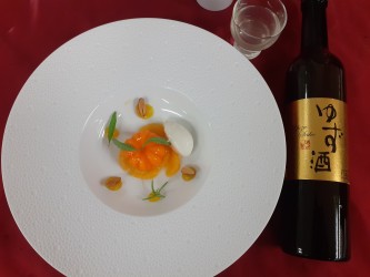 Tangerine - Bitter Almond - Masala Chai - Tangerine/Bitter Almond/Masala Chai. The FUKUJU Yuzu sake liqueur pairs perfectly with this special dessert. Served cold, of course. Kampai!