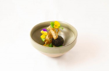 Black Salsify Manjū - Black salsify manjū with black salsify chips and ponzu puree
Chef: Masaru Oae
Restaurant: Masa Japanese Cuisine